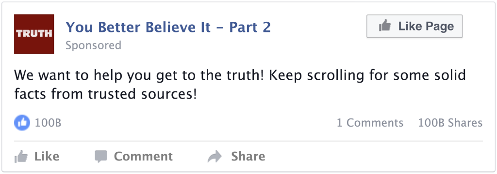 A facebook post:
You Better Believe It - Part 2
We want to help you get to the truth! Keep scrolling for some solid facts from trusted sources!