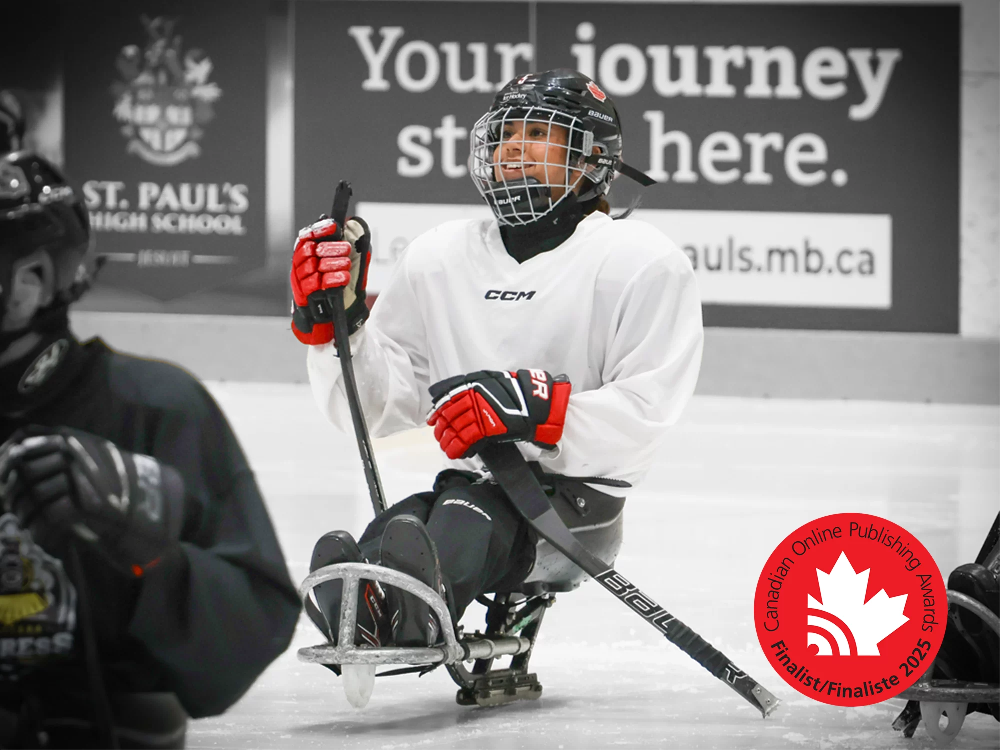 Cover image of Alyssa White on the ice. A red finalist seal from Canadian Online Publishing Awards sits in the right corner.