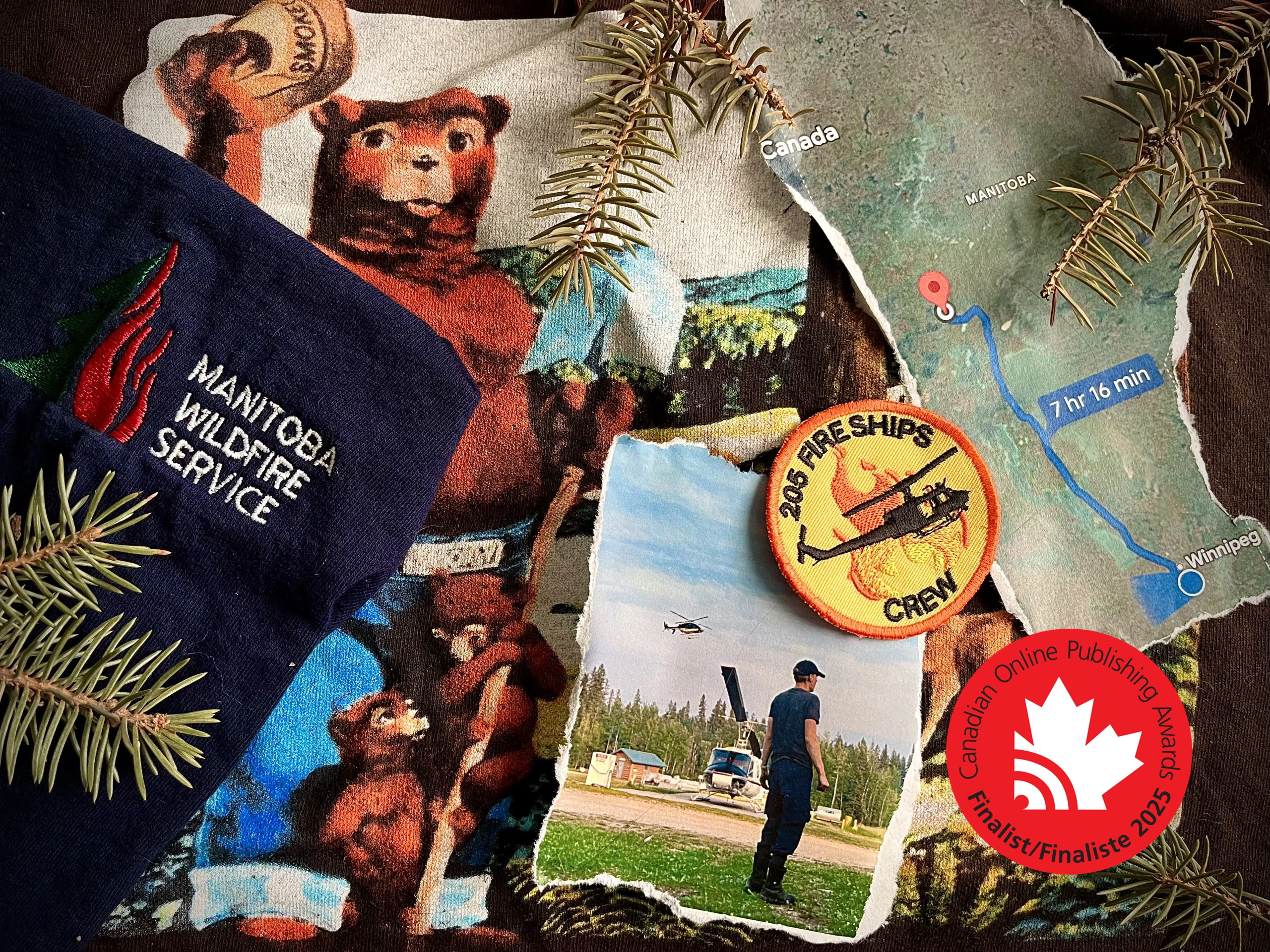 A collage with Smokey the Bear, a map of Manitoba, branhces of pine trees, a photo of a man in front of a helicopter, a Manitoba Wildfire Service t-shirt, a patch with a helicopter on it, and pine branches. A red finalist seal from Canadian Online Publishing Awards sits in the bottom right corner.