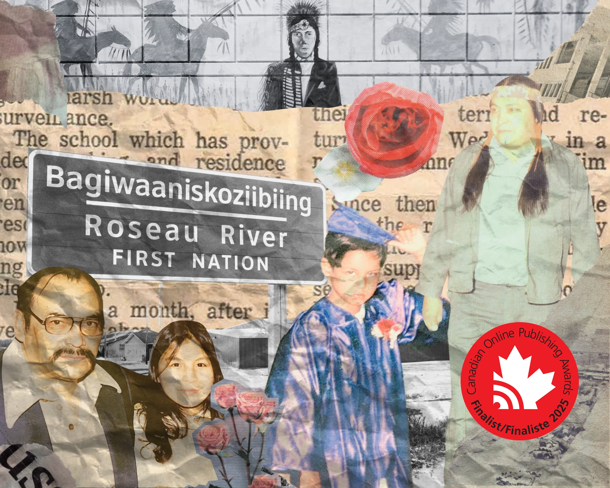 Collage of people and landmarks from Rosseau River Manitoba with red finalist seal from Canadian Online Publishing Awards