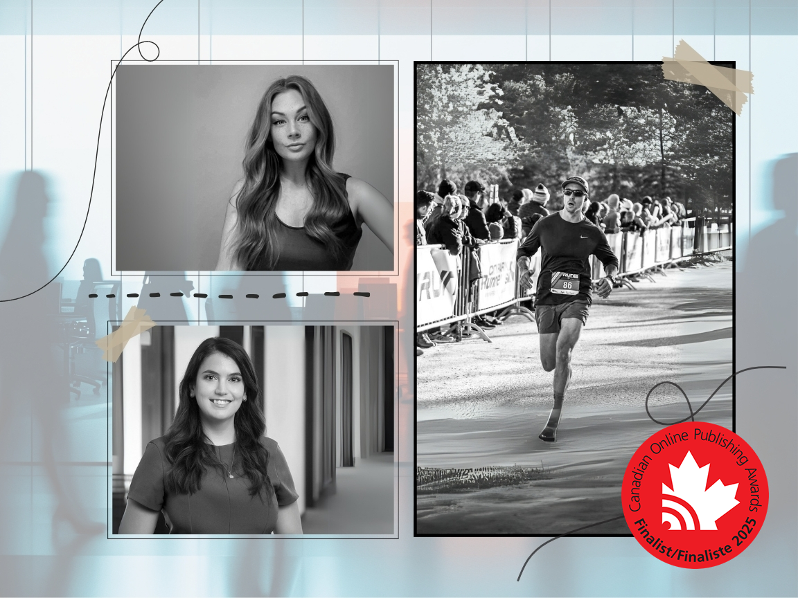 A collage featuring two black-and-white portraits of women and an action shot of a male runner in a race, set against a blurred office background. A red finalist seal from Canadian Online Publishing Awards sits in the right corner.