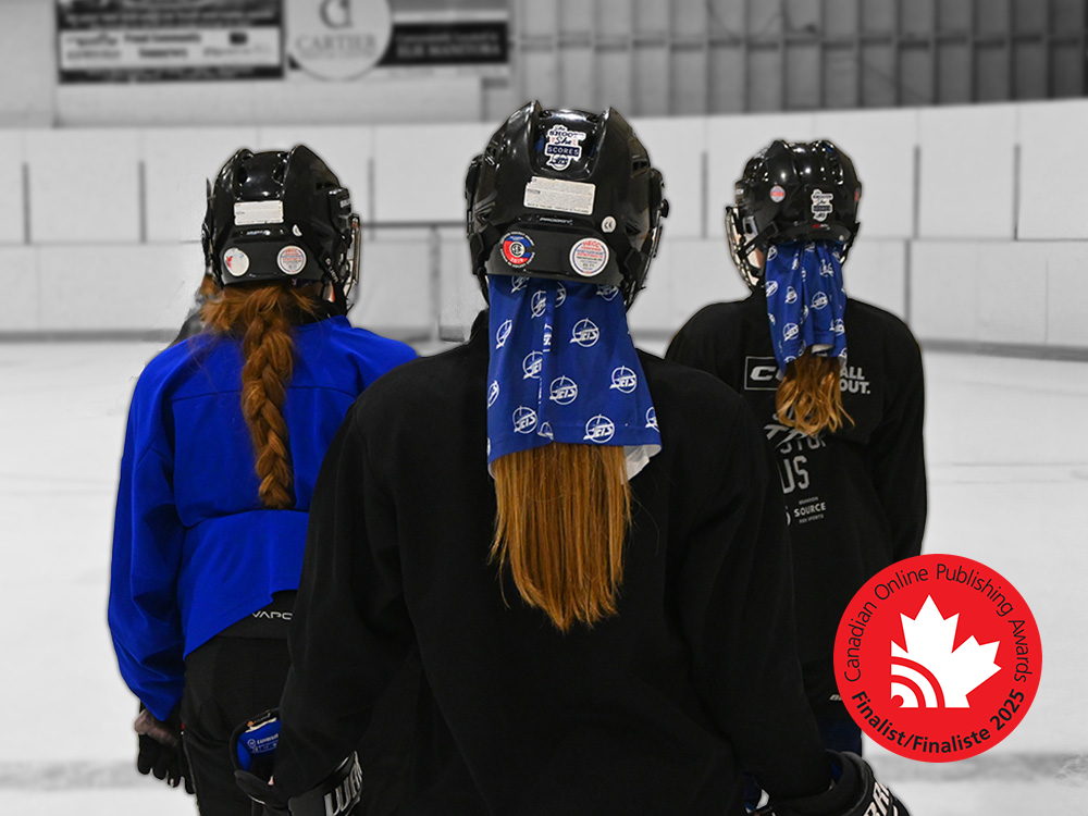 Image of three female hockey players facing away from the camera with a red finalist seal from the Canadian Online Publishing Awards