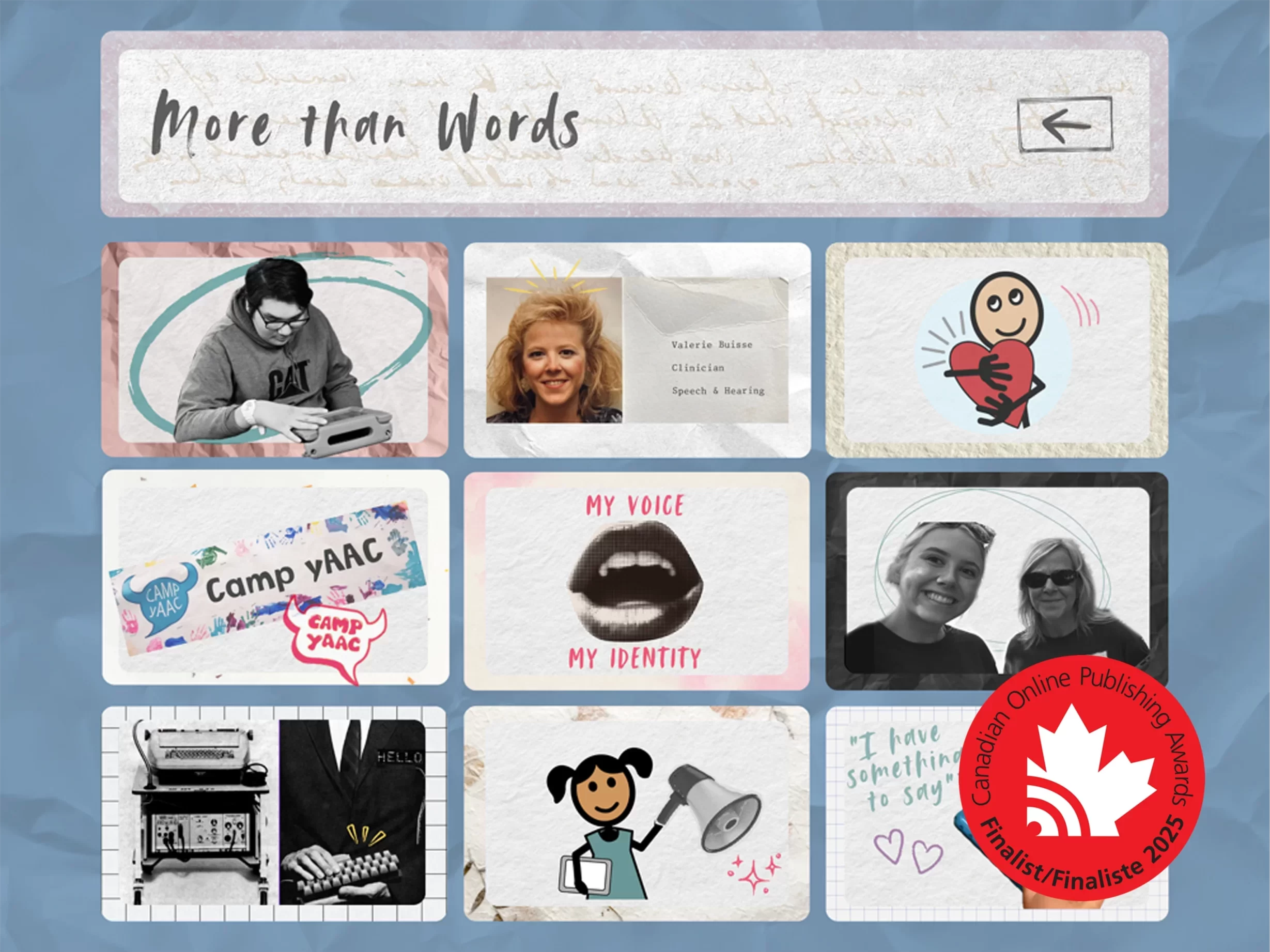 Collage that resembles a speech-generating device with symbols, images, and doodles. A red finalist seal from Canadian Online Publishing Awards sits in the lower right corner.