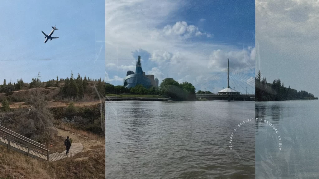 A collage photo of Manitoba: the Canadian Museum for Human Rights, the Esplanade Riel, and provincial parks.