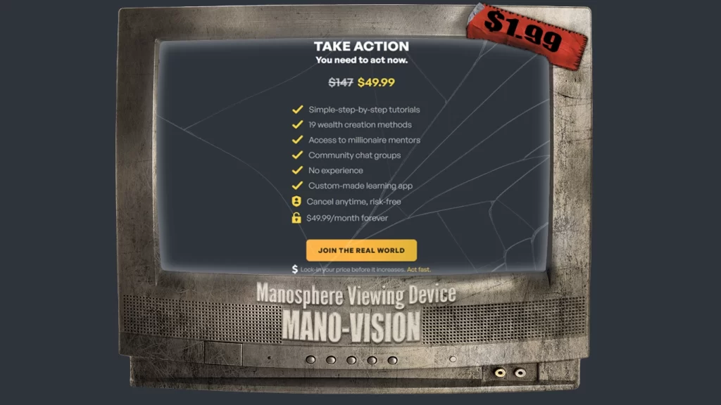 A beat-up television with the text "Manosphere Viewing Device" and "MANO-VISION" on it. A screenshot from The Real World website is on the page, advertising $49.99 for the online program.