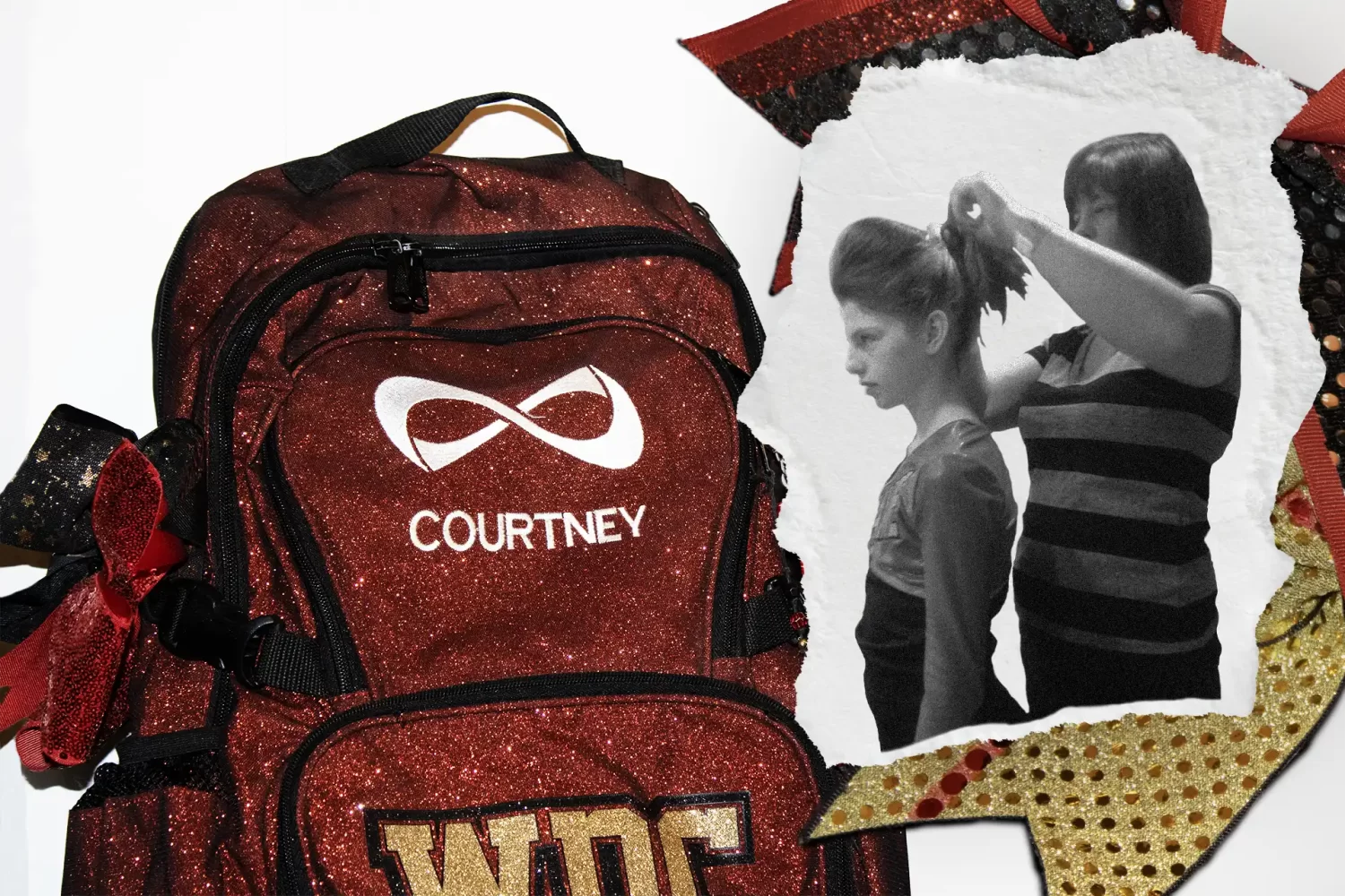 A black and white cut-out image of a mom fixing a girl's ponytail. The background features a red, sparkly backpack with an infinity sign logo and the name "Courtney" in white.