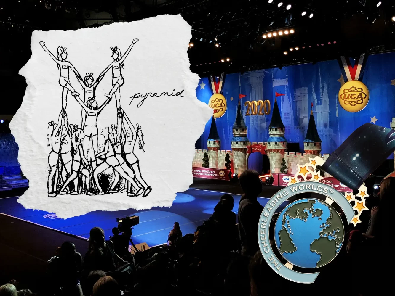 The competition floor of the National High School Cheerleading Championship. A cut-out drawing of an all-girls cheerleading team in a pyramid, and The Cheerleading Worlds medal is overlayed on top. 