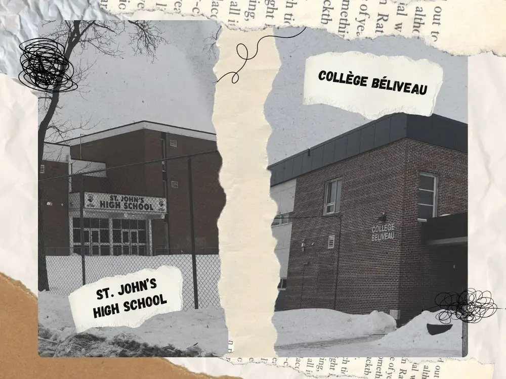 Photo of high schools beside each other on a torn paper background