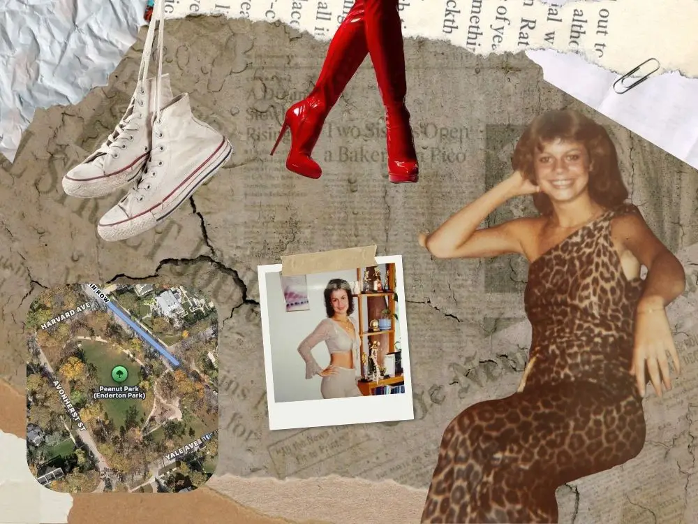Marcia in a cheetah dress, photo of a map, and photos of shoes.