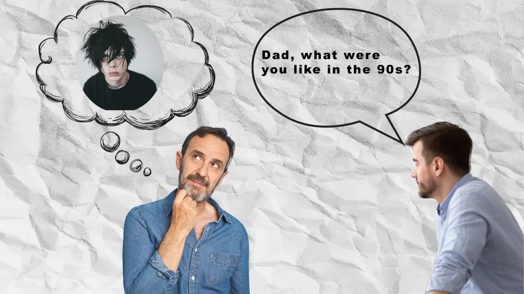 A meme of a son asking his dad what he was like in the '90s, and the dad is imagining his grunge-like teenage self in a thought bubble. 