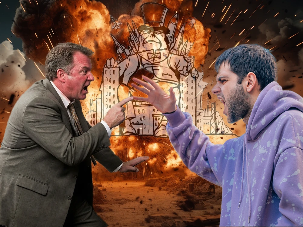 Gen X and Gen Z men shouting at each other with an explosive backdrop and a greedy capitalist figure looming in the background smiling at them.