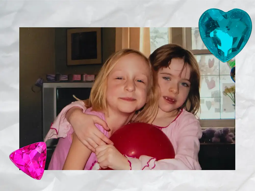 Scrapbook style page, picture from my 5th birthday hugging my friend. 