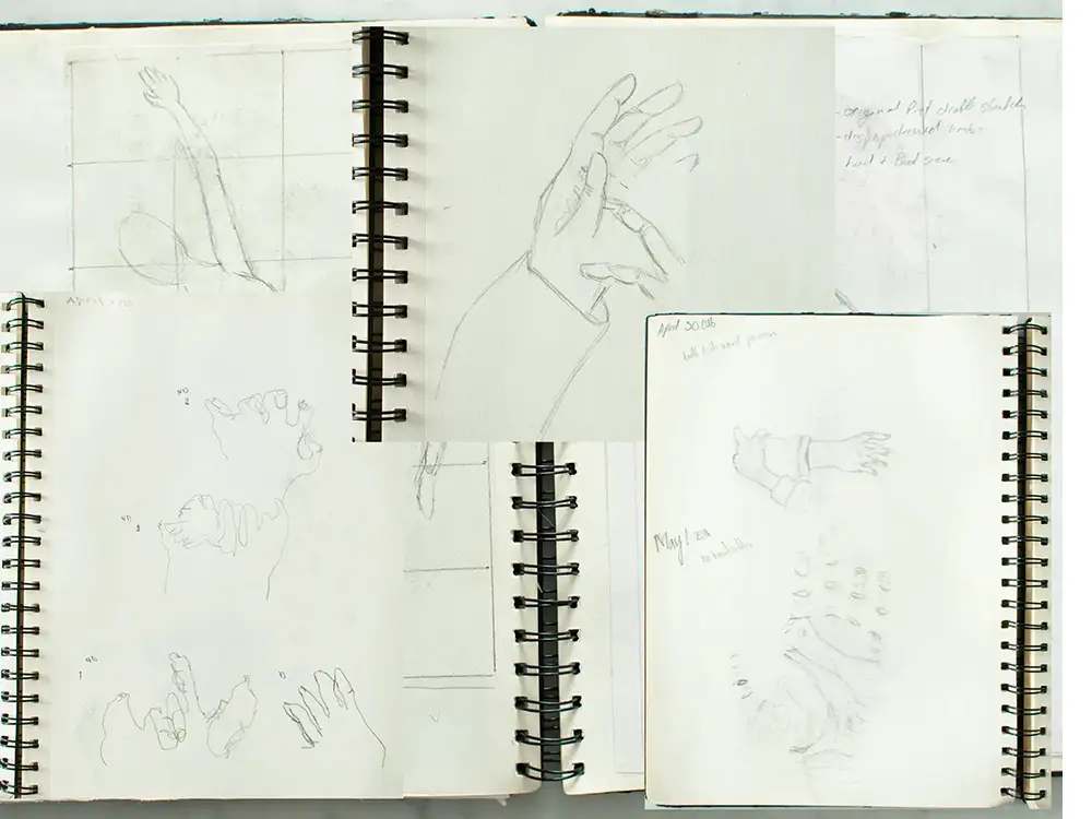 High school sketch book work five pages of hand drawings in pencil. 