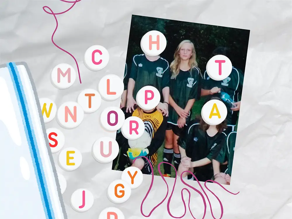 Scrapbook style page, Lord Roberts girls soccer team picture. Craft beads and friendship bracelet pieces litter the page.