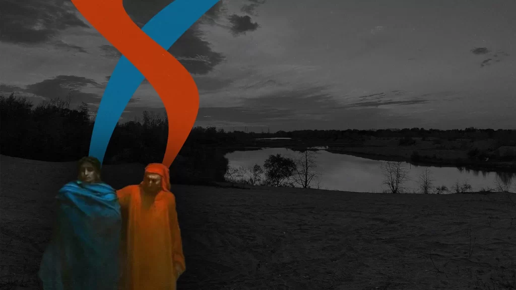 A grainy black and white photo of a body of water at the quarry. Virgil and Dante stand side-by-side after they completed the ritual.