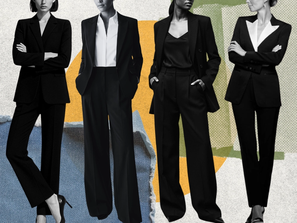 A scrapbook-style collage of four different women in black-and-white wearing suits.