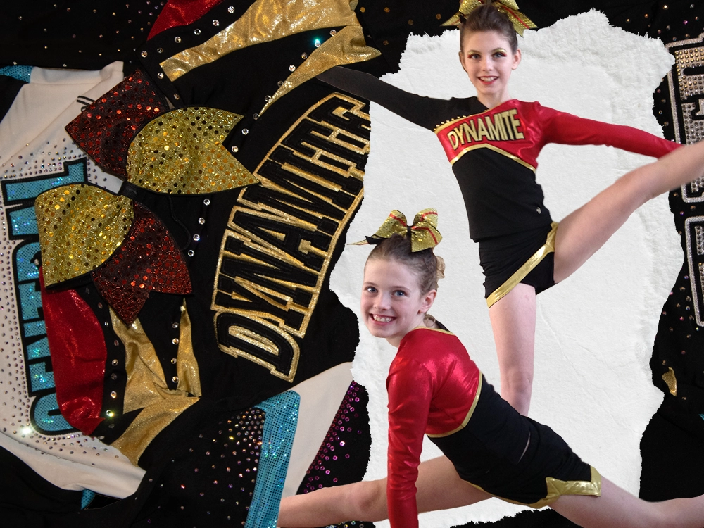 A cut out image of two young girls in cheerleading uniforms placed in front of a ripped piece of paper and a black and white image of cheerleading uniforms and hair bows in the background.