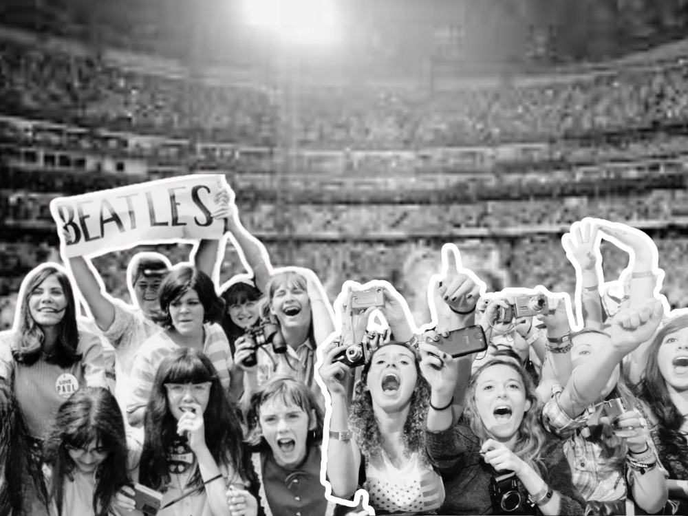A collage of girls at The Beatles and One Direction concerts