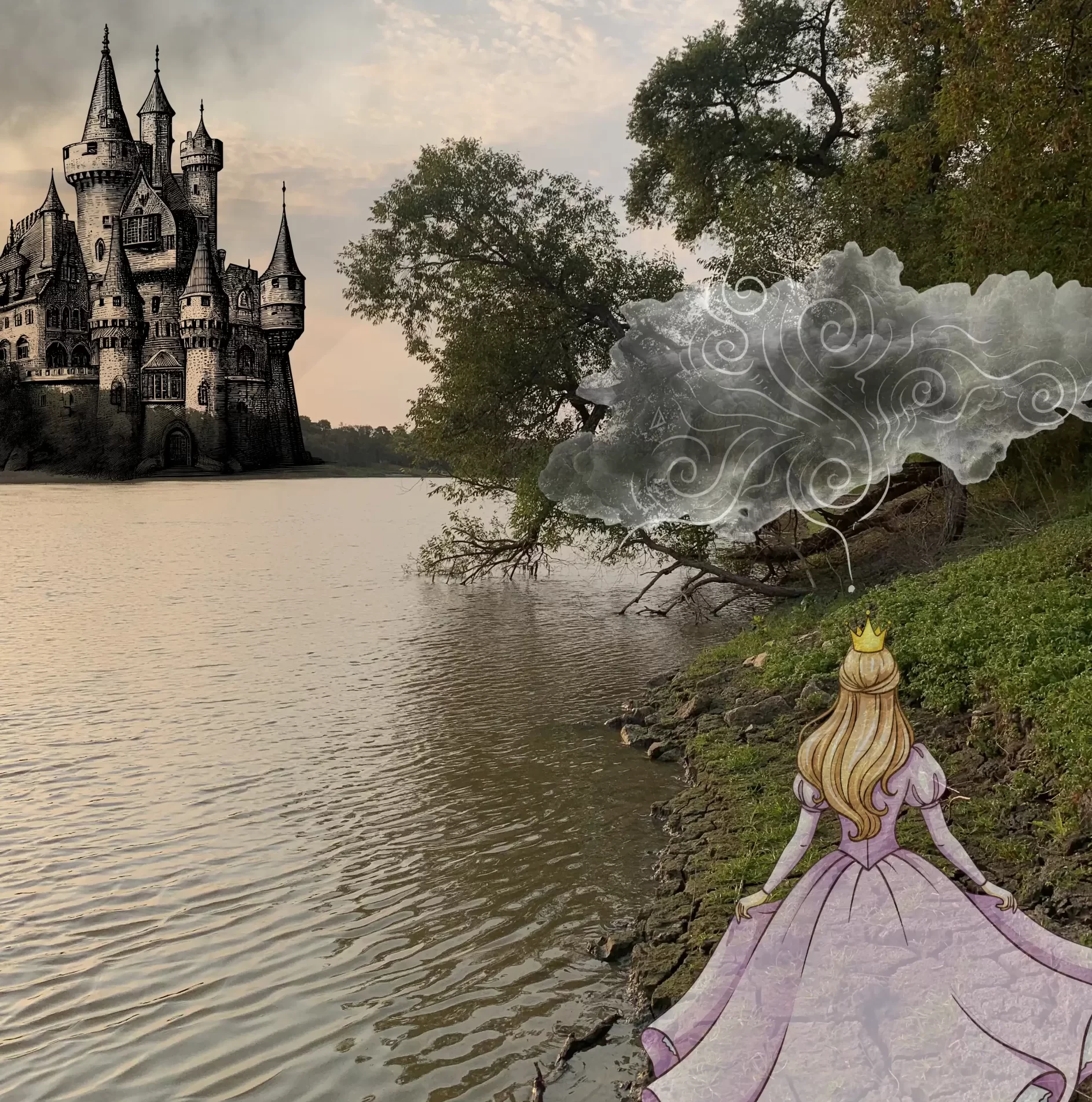 Image of river with castle outline in the distance and a princess on the riverbank.