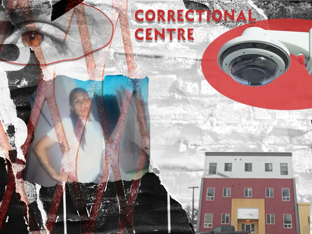 A collage of photos of brick, wired fence, a woman, the Eagle Women's Healing Lodge, and eye, and a security camera.