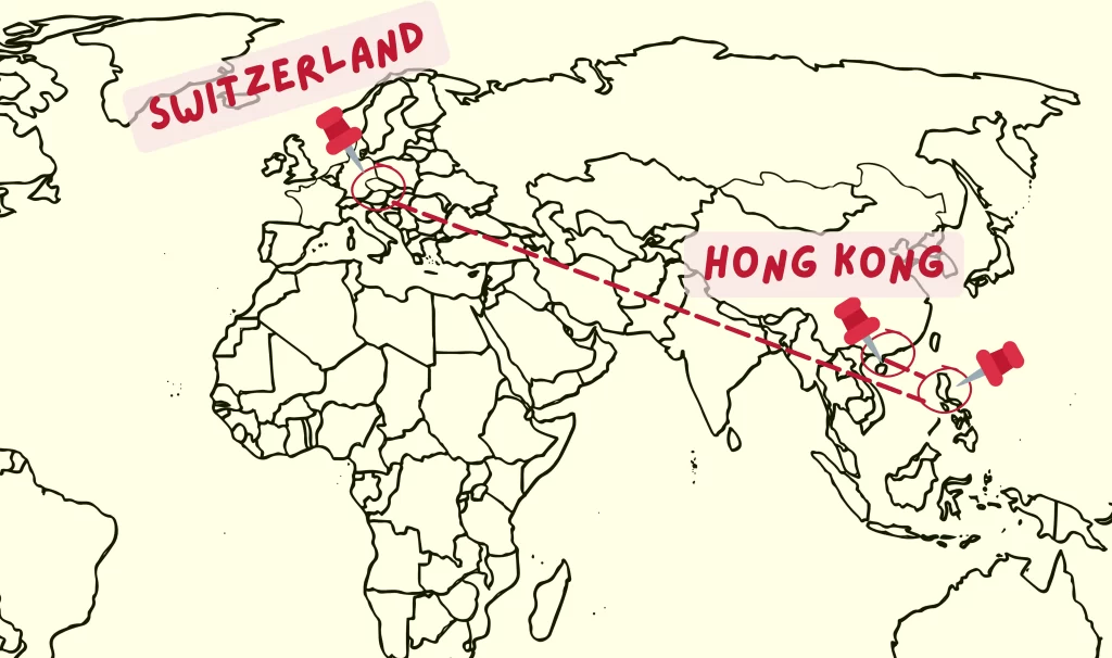 A map showing the distance from the Philippines to Hong Kong and Switzerland.