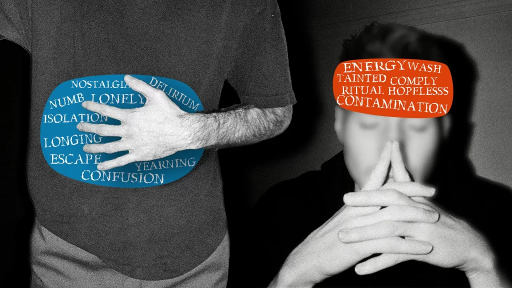 Black and white photo with two people: one holds their stomach with words inside a blue bubble like "isolation," and "confusion," and the other has their eyes closed with a red bubble containing words like "energy," "ritual," and "contamination."