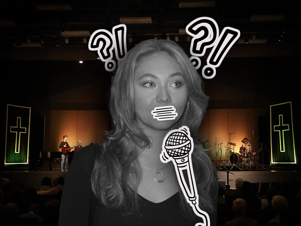 A cut out image of Aleah overlayed on an image of her church's large stage. Cartoon question marks and a microphone float around her head