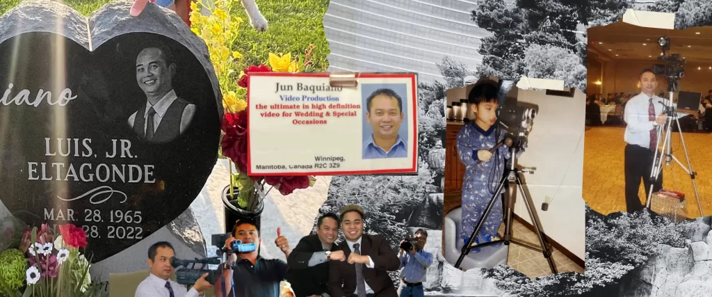 Collage of Luis with his camera and his grave stone.