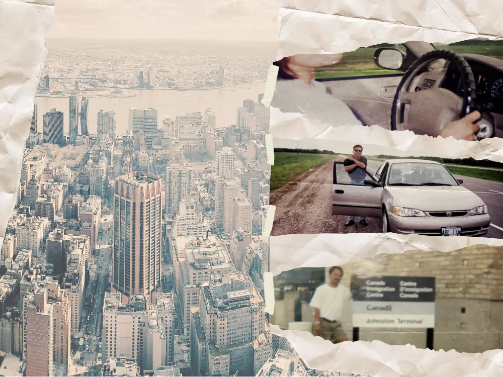 Collage of photos: backdrop of New York City sky line, car, and man posing by sign.