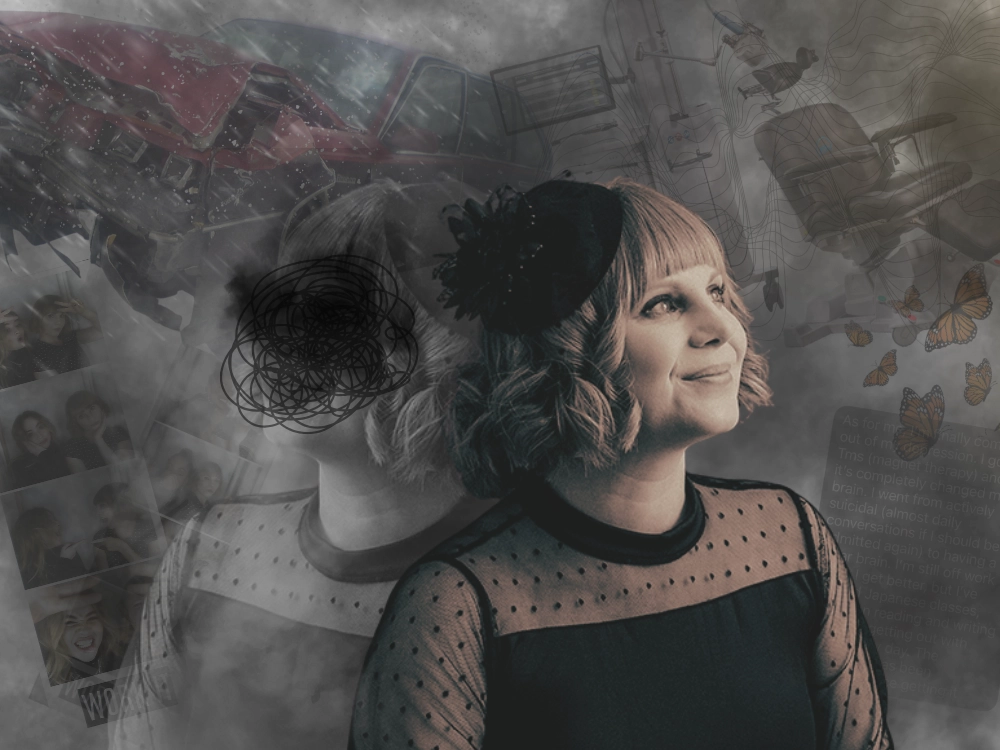 A cloudy collage with a damaged car and rTMS machine surrounds a strawberry blonde femme (Mandi) wearing a fascinator on her head.