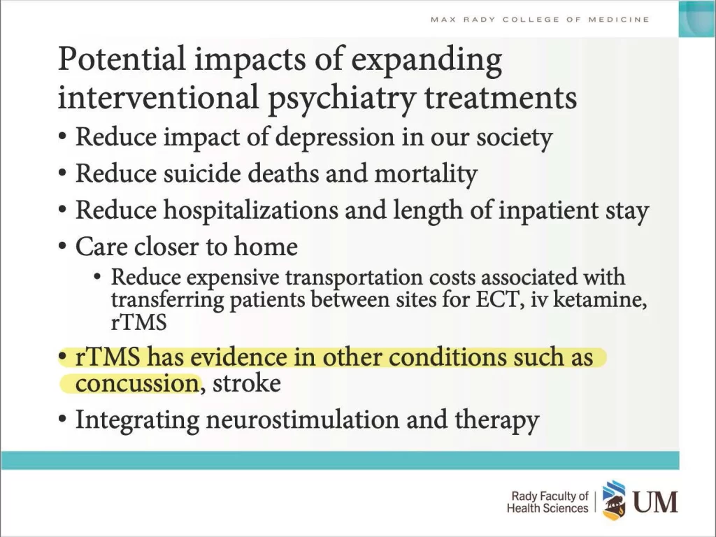 A slide from the Interventional Psychiatry proposal stating rTMS has evidence in concussions.