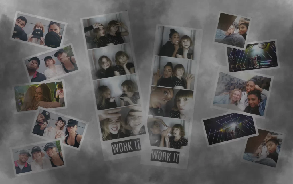 A collage of Polaroid photos scattered within dark clouds.