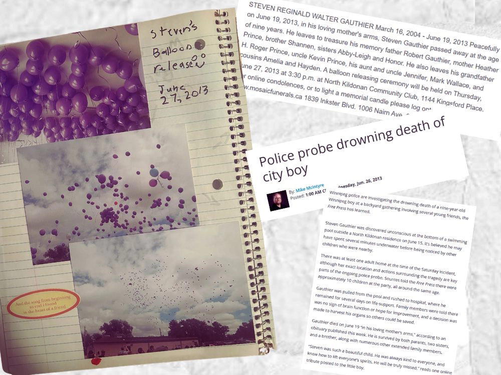 Collage including a page form my scrapbook showing photos of Steven's memorial along with excerpts from the Winnipeg Free Press about him.