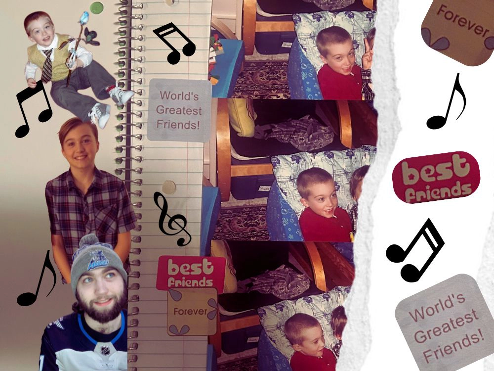 Collage showing a page from my scrapbook of me with Steven edited to have him removed, and a few cutouts of myself from three different ages and eras of my life.