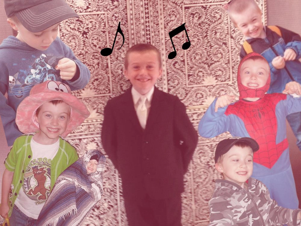 Collage of different photos of me from ages 5-8, with music notes close to the picture of me in the center. 