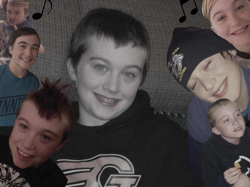 Collage of different photos of me from ages 9-15, with music notes further away from the picture of me in the center. 