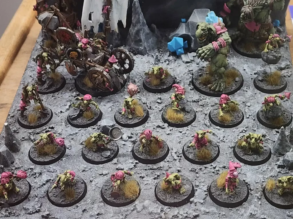 Painted Snotlings on display for at a Blood Bowl tournament