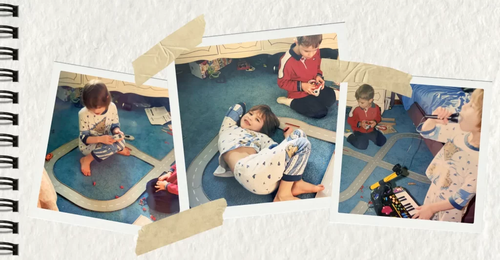 Three photos of Haleigh and her brother as kids playing on a blue carpet in their bedroom.