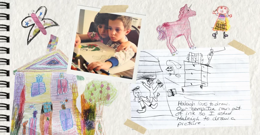 Collage of drawings Haleigh did when she was a kid, a photo of her and her brother colouring, and a note that says "Haleigh loves to draw. Our computer ran out of ink so I asked her to draw a picture."