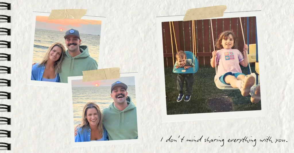 Two photos of Haleigh and her brother as adults, and a photo of them as kids on a swing. 