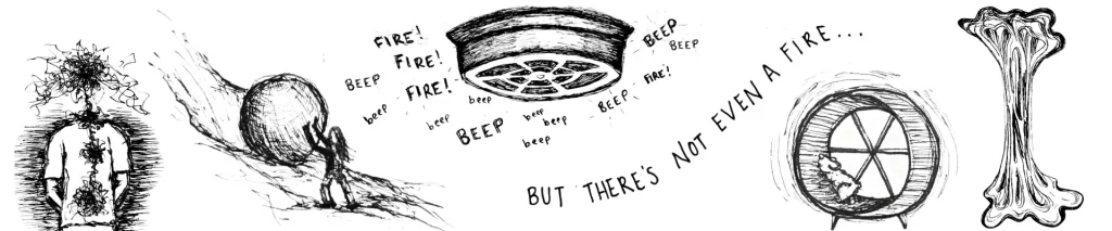 Drawings of someone's upper body with scribbles over their stomach, heart, and head. Drawings of a snowball, fire alarm, hamster wheel, and sticky gum. 