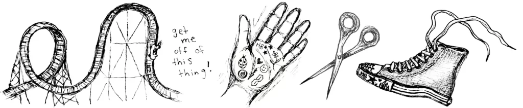 Drawings of a roller coaster, a left hand with doodles, scissors, and Chuck Taylor's with doodles. 