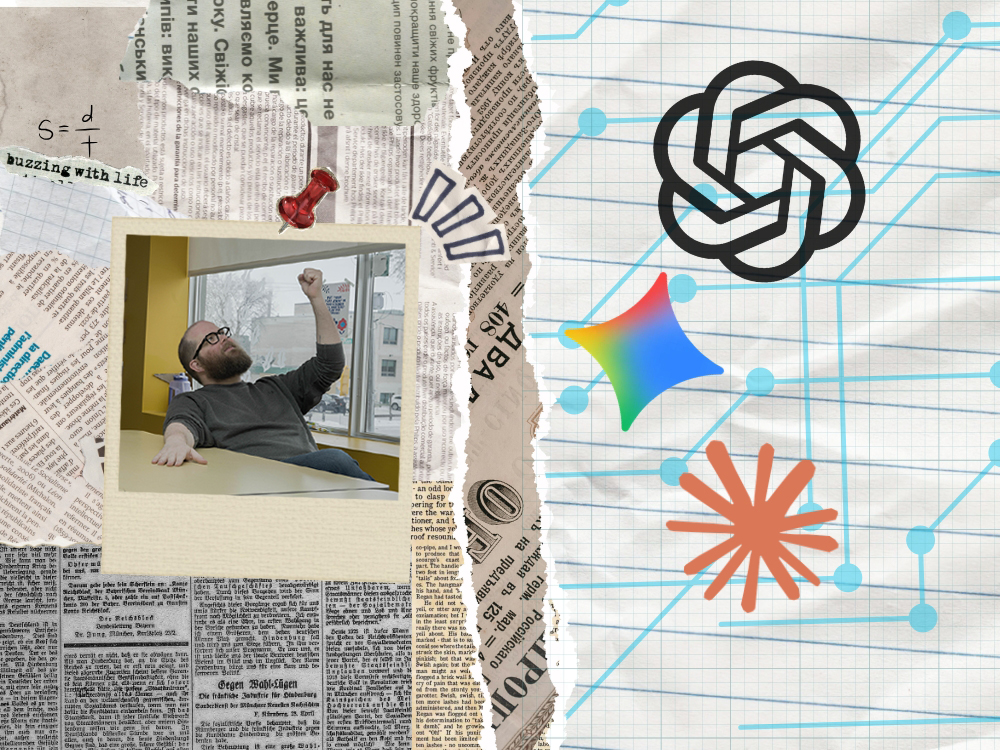 Newspaper collage with a pinned polaroid of a teacher shaking his fist to the right of the photo, where the logos for ChatGPT, Google Gemini, and Claude.