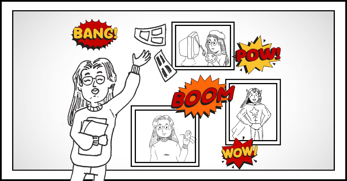 Collage of comic panels and sound effects