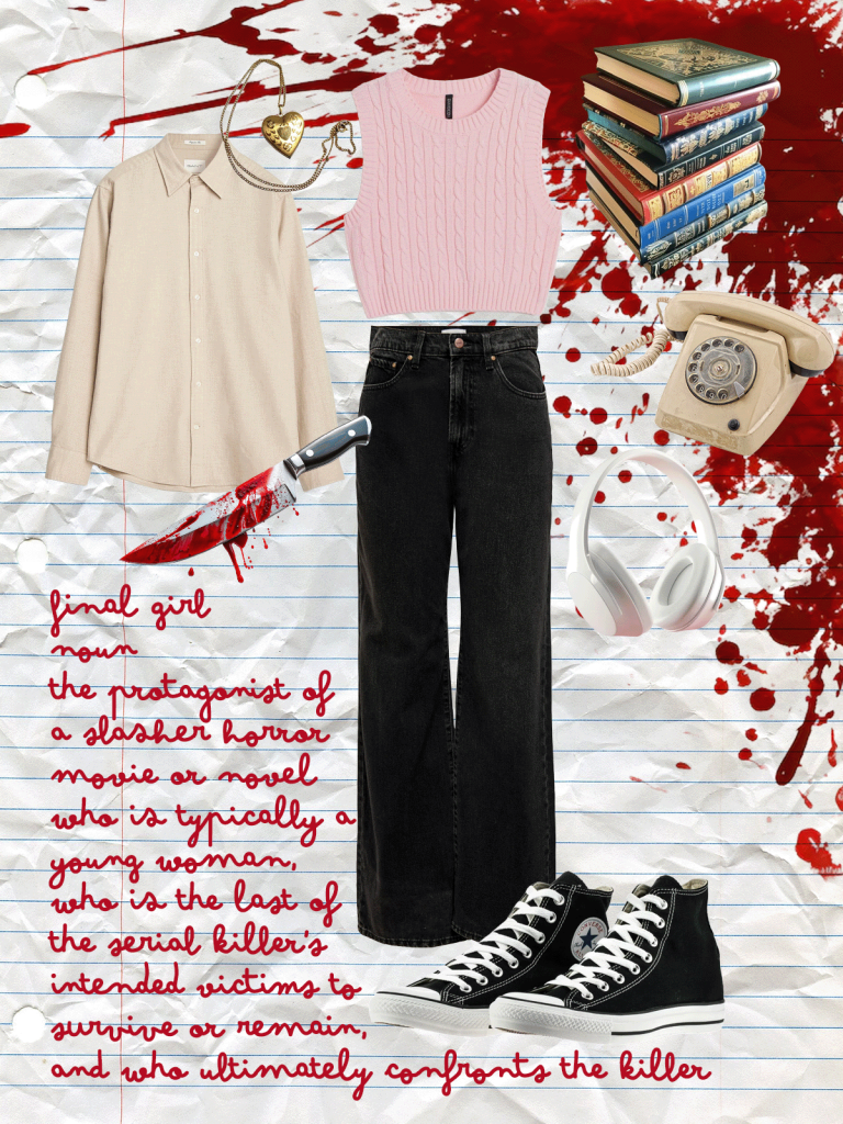 Outfit inspiration edit featuring a cream button-down, pink sweater vest, dark jeans, and black converse, with a pictures of a locket, book, phone and headphones (Katie Hilder) 