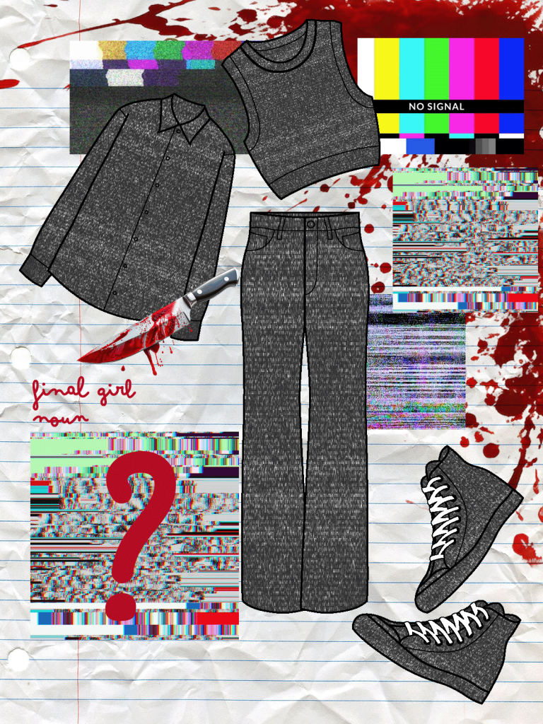 Outfit inspiration edit featuring a 
outlines of a betton-down, sweater vest, jeans, and converse with glitched out backgrounds (Katie Hilder)