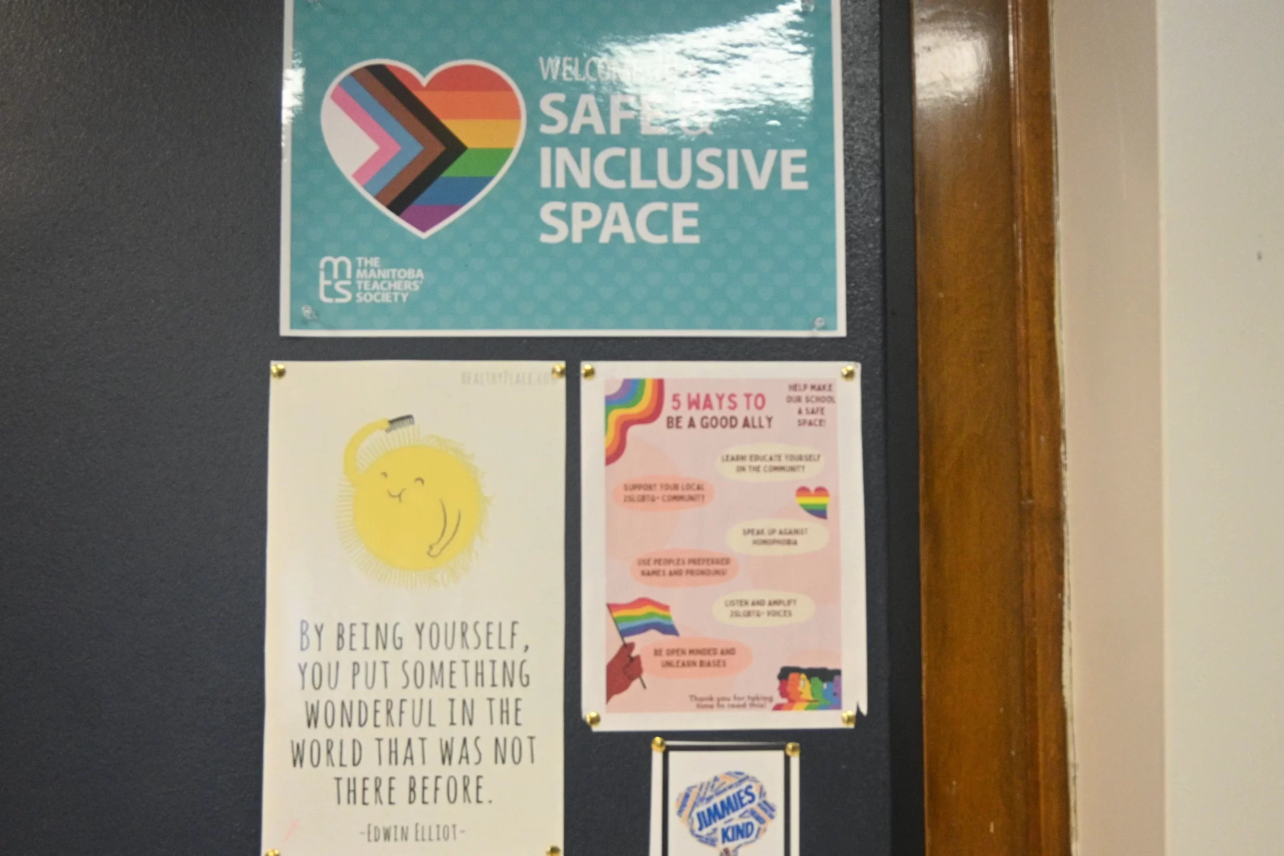 Inclusive Posters on a board in the student support centre at St. James Collegiate.