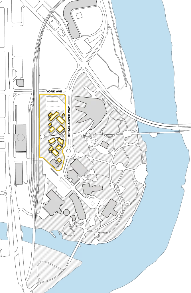 An illustrated map of The Forks shows a formation of planned buildings in yellow. They are located on Israel Asper Way across from the Canadian Museum for Human Rights.