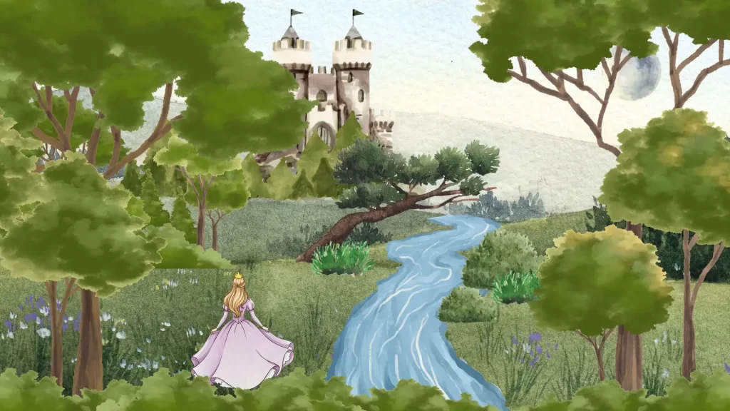 A young princess in a flowing dress stands beside a winding river, looking toward a distant castle in a lush forest landscape