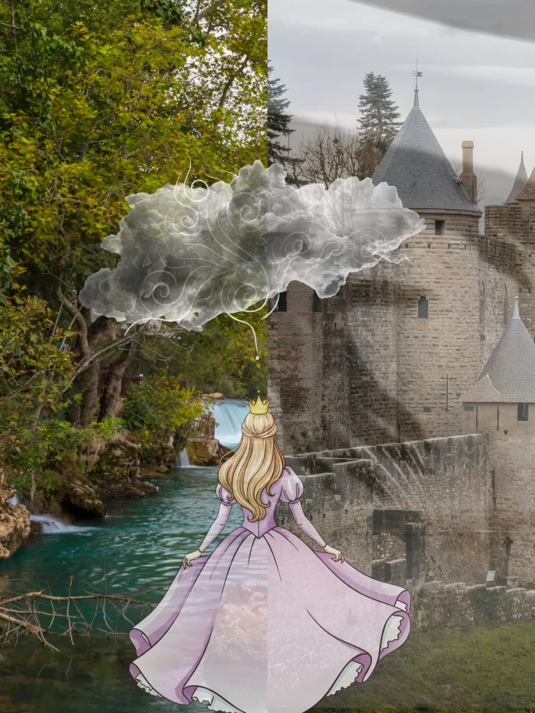 A princess stands between a split-screen landscape of a flowing river and a castle landscape.